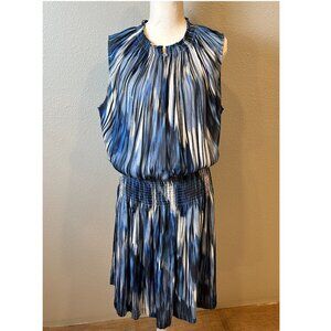 Halston Heritage Blue Watercolor Pleated Smocked Midi Dress XL